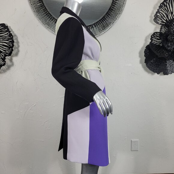 NWT~$695~TOCCIN~SZ S~STUNNING PURPLE BLACK BELTED COLORBLOCK TRENCH COAT JACKET - Picture 4 of 16